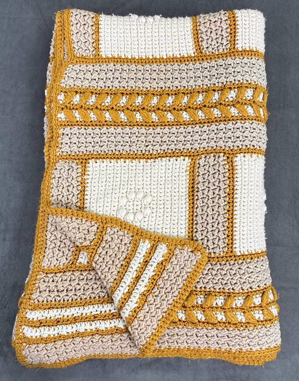 Handmade Crochet Blanket Afghan Throw 70x45 Gold Ivory Tan Vintage Style Charity